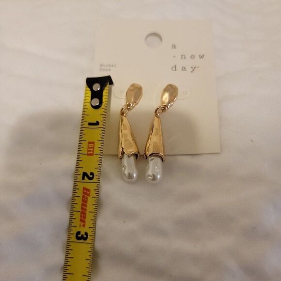 A New Day Gold Nickel Free Warped Cap Simulated Pearl Drop Earrings - Picture 4 of 5